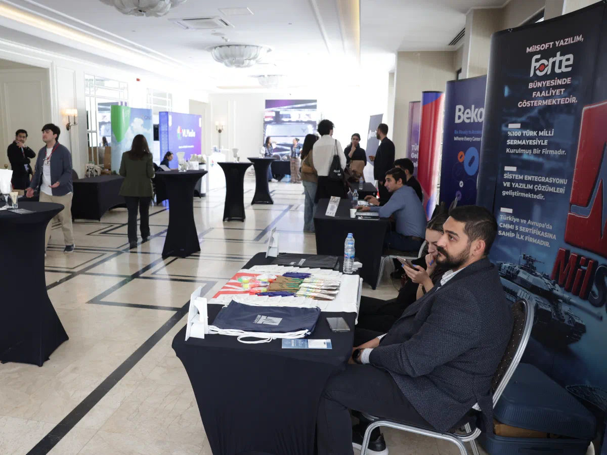 Sponsor booths in the venue foyer